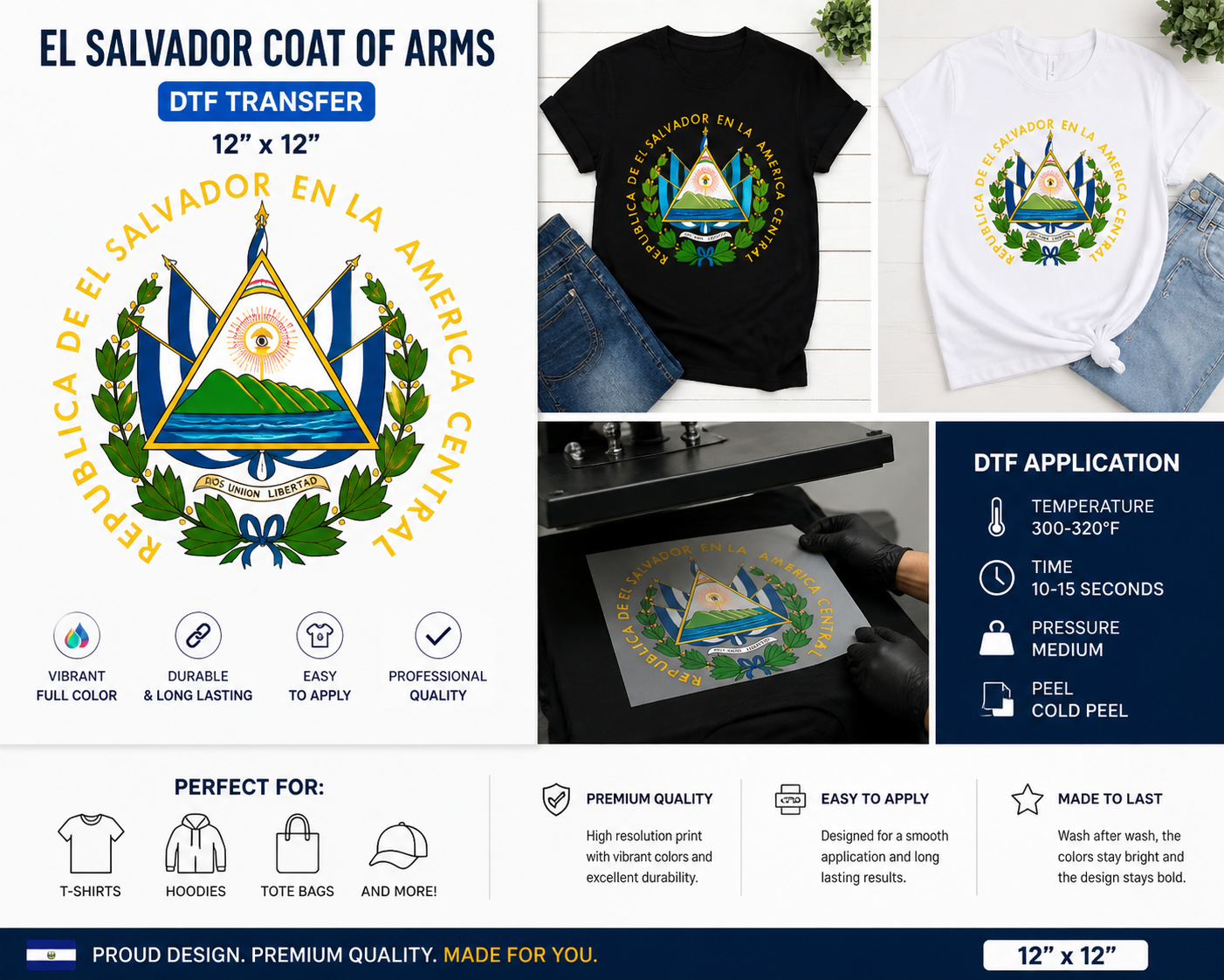 El Salvador Coat of Arms DTF Transfer 12x12” – Premium Heat Press Transfer for T-Shirts